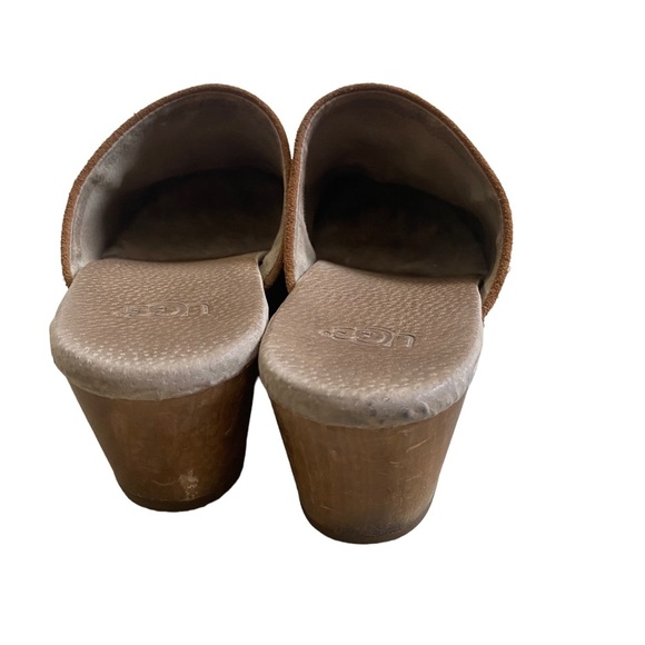 Ugg suede tan leather clogs mules slides wooden chunky heel shearling lining - Picture 10 of 10